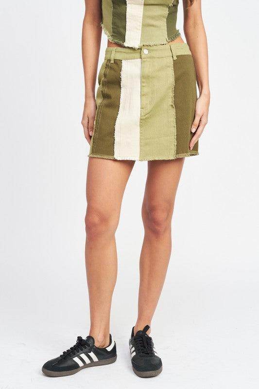 Emory Park Women's Summer Fashion Skirts in Olive Green with Color Block Design and Frayed Hem