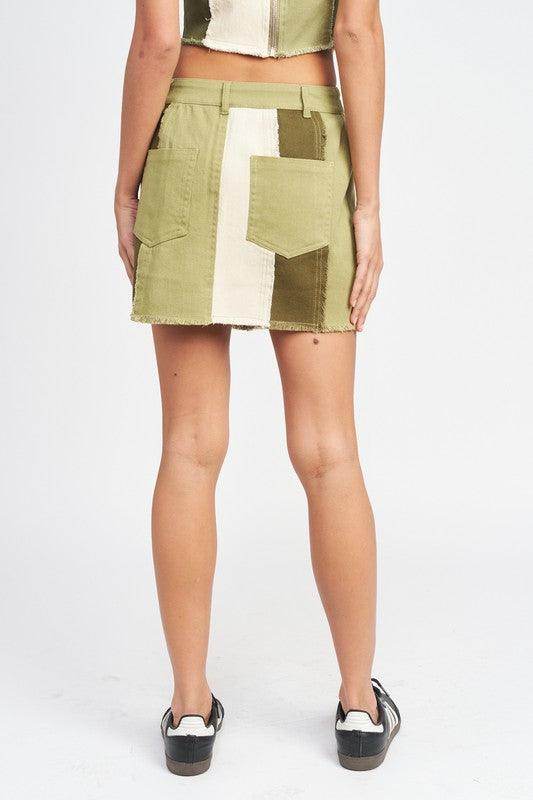 Back view of Emory Park summer fashion skirts in green with a stylish patchwork design