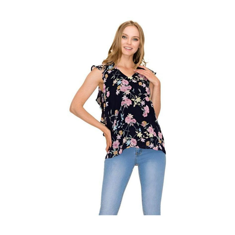 Stylish women's summer floral print blouse with ruffle sleeves, perfect for casual outings.