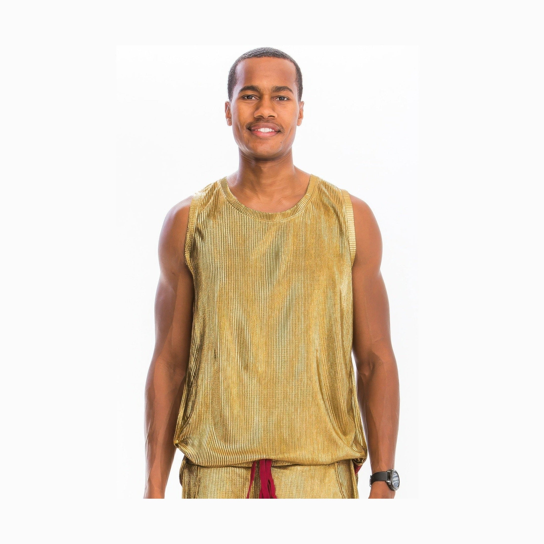 Men's summer metallic tank top in gold by VacationGrabs worn by a smiling male model