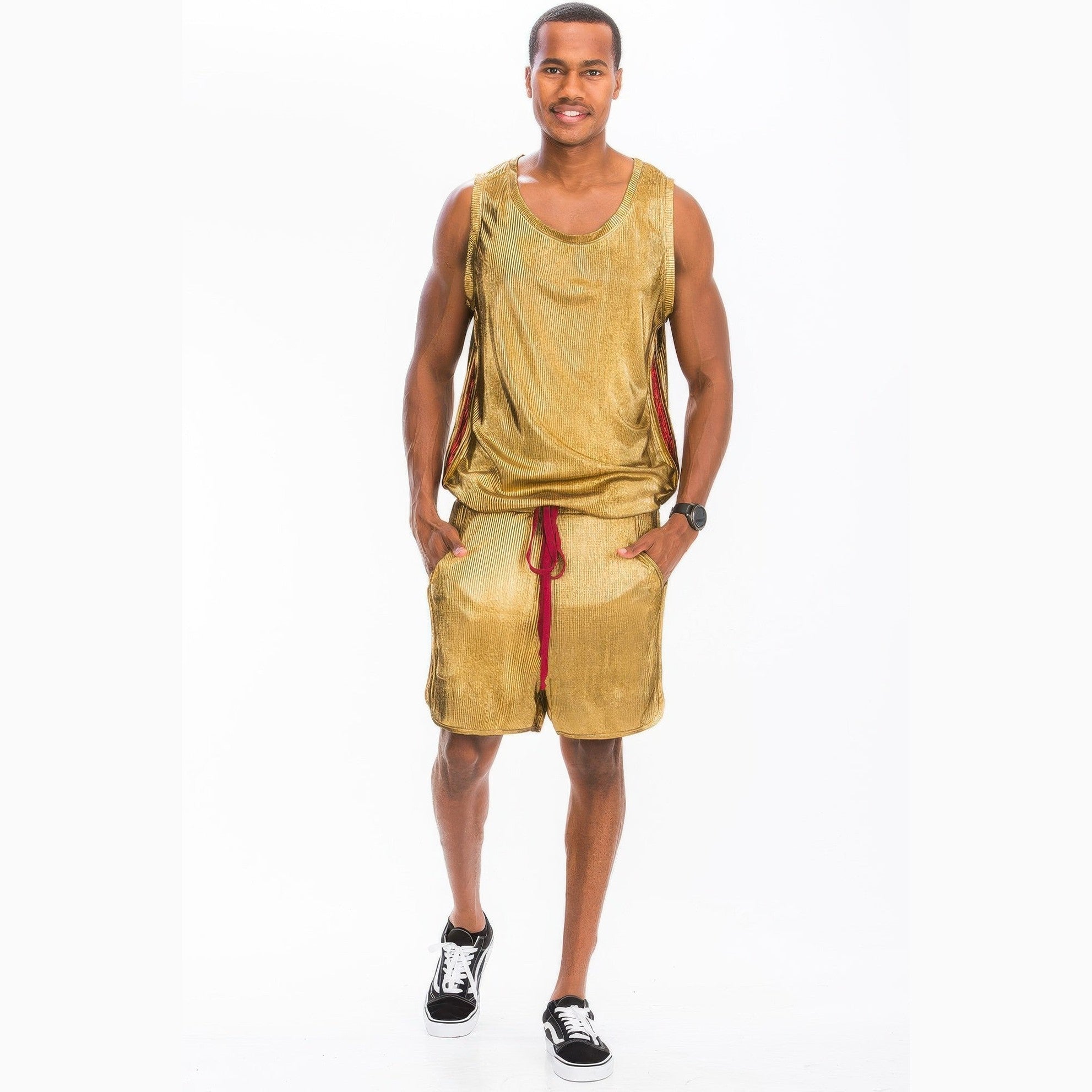 VacationGrabs men's summer metallic tank top in gold paired with matching shorts and black sneakers