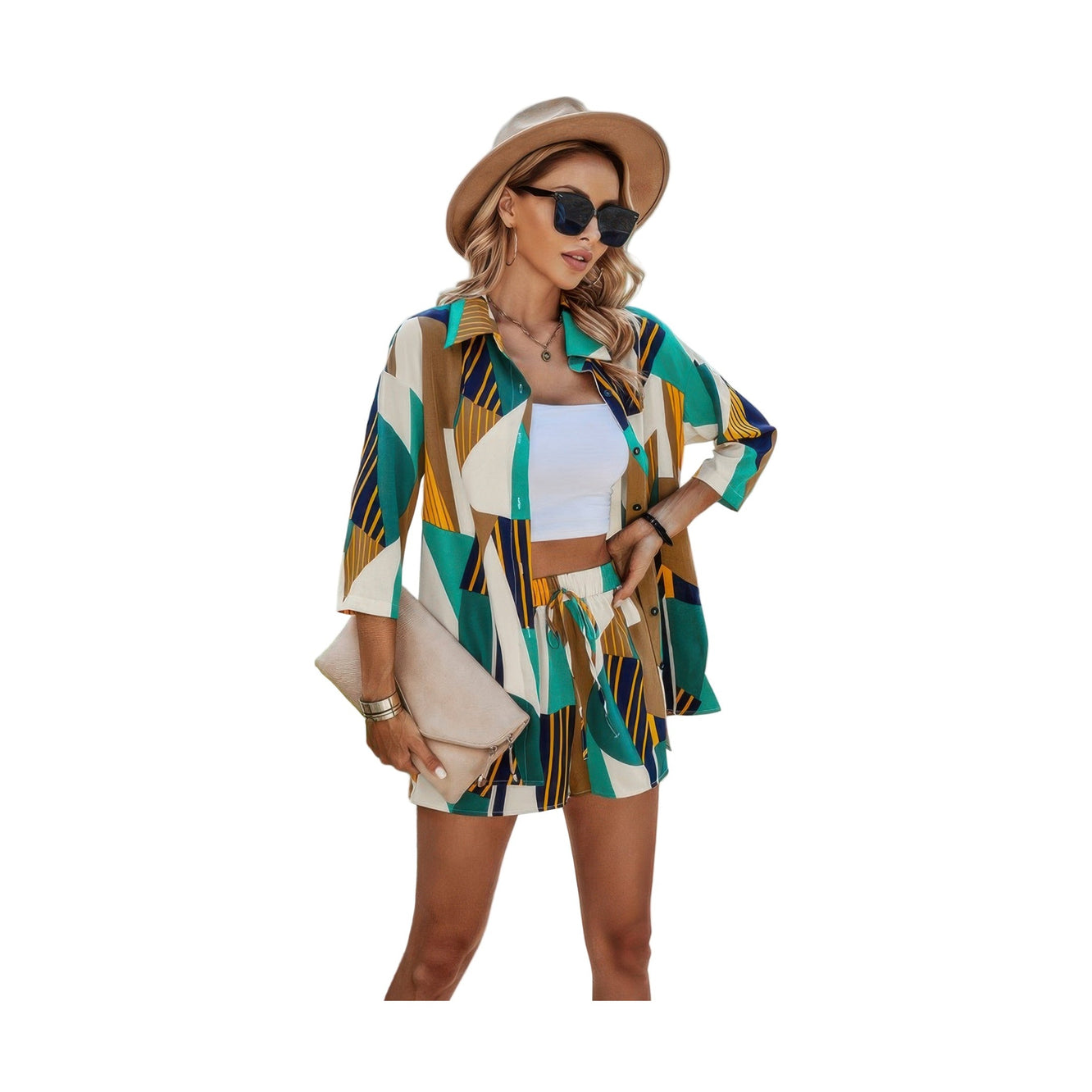 Woman wearing VacationGrabs summer resort wear for women with colorful geometric print shirt and shorts set