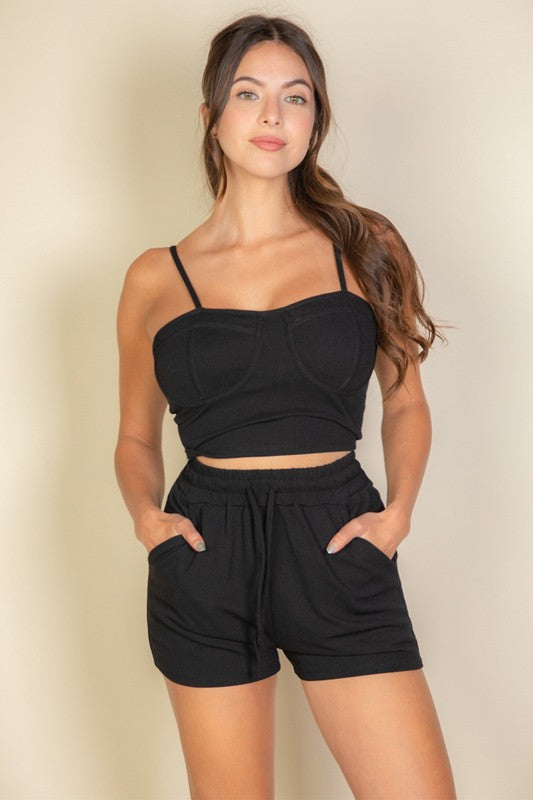 Capella black two-piece summer vacation outfit for women with crop top and shorts