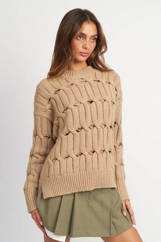 Emory Park women's sweater with slits in beige featuring a unique textured knit design