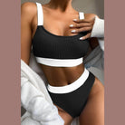 Trendsi women's 2PC scoop neck swimwear in black and white with a stylish ribbed design