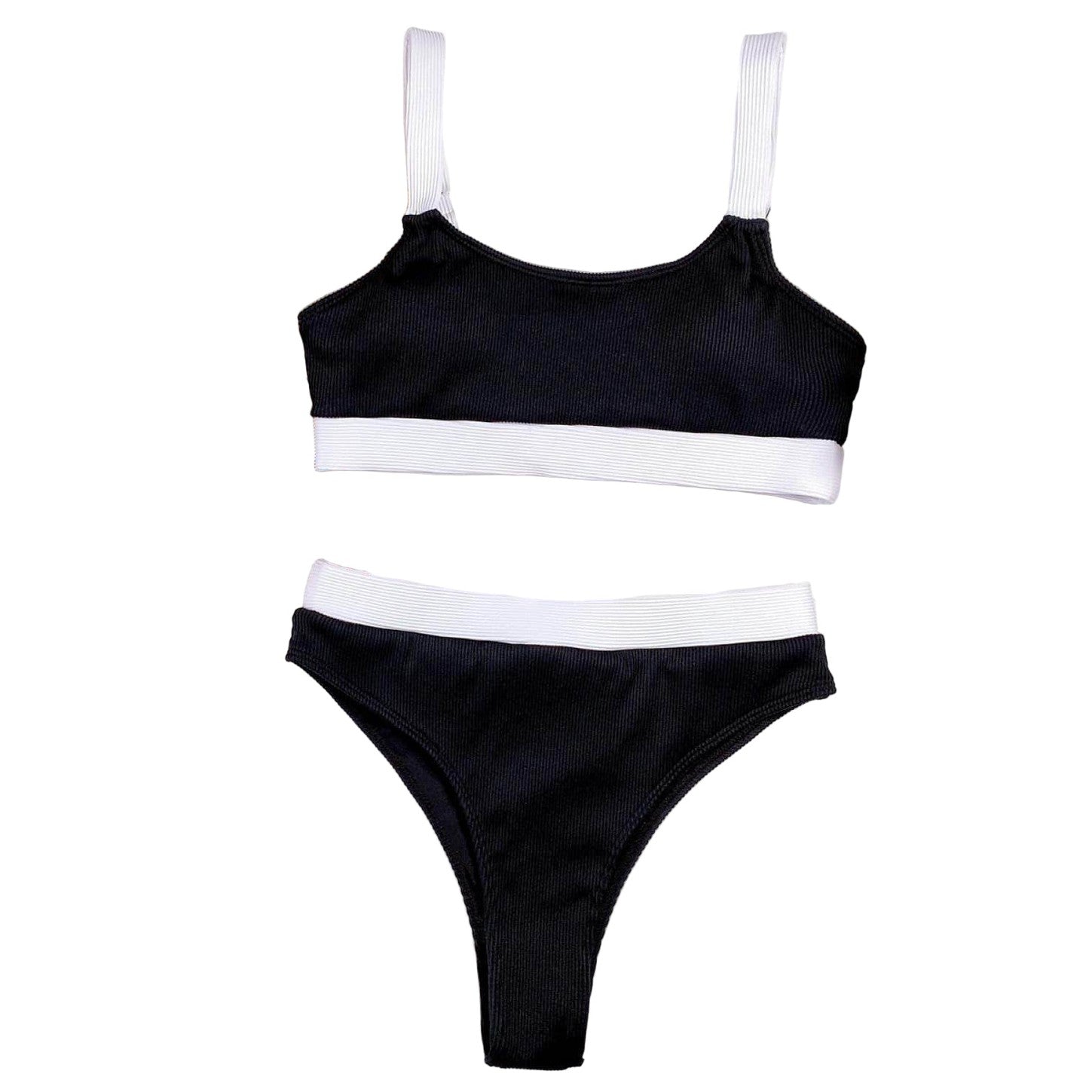 Trendsi scoop neck swimwear two-piece bikini in black with white waistband for stylish beach outings