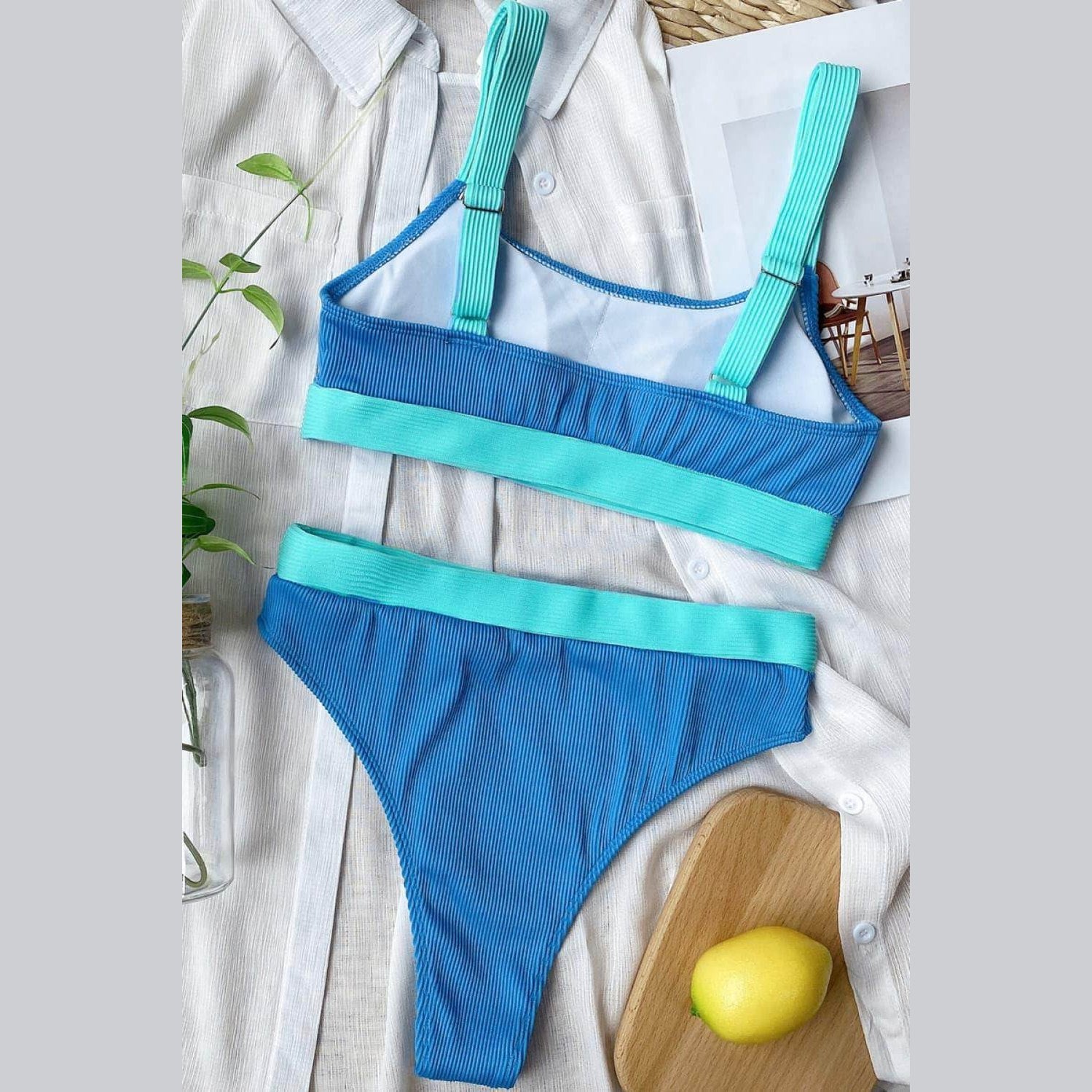 Trendsi scoop neck swimwear in blue with ribbed texture and contrasting straps for stylish beach days