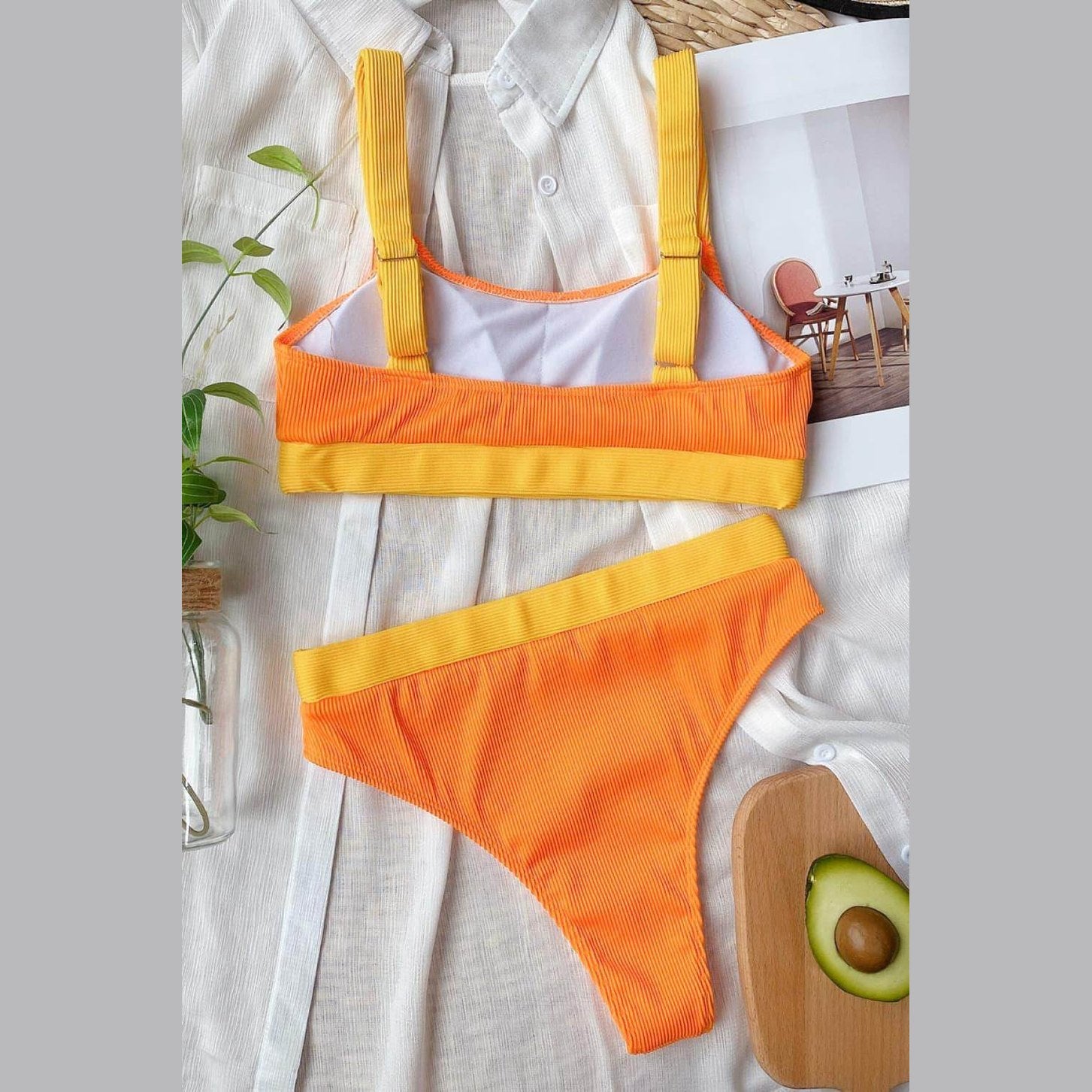 Trendsi women's 2PC scoop neck swimwear in vibrant orange and yellow colors for stylish beach days