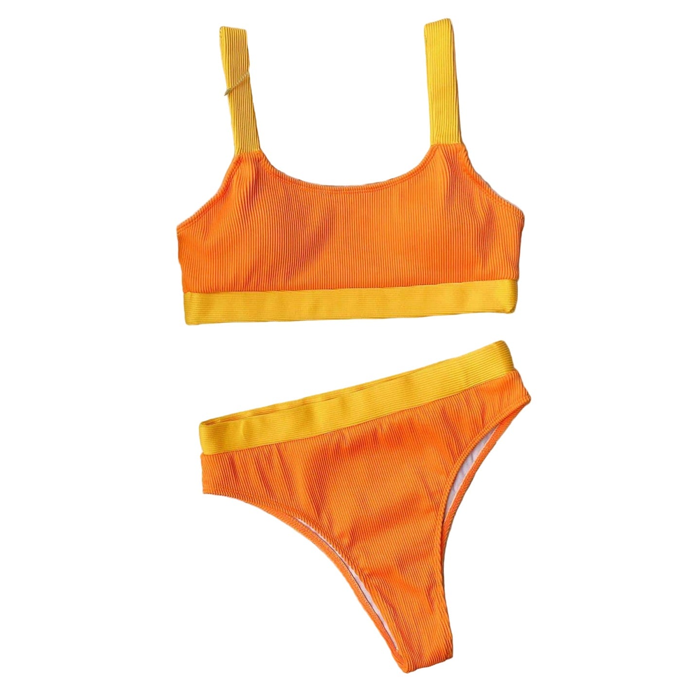 Trendsi Women's 2PC Scoop Neck Swimwear in Bright Orange and Yellow with Ribbed Texture