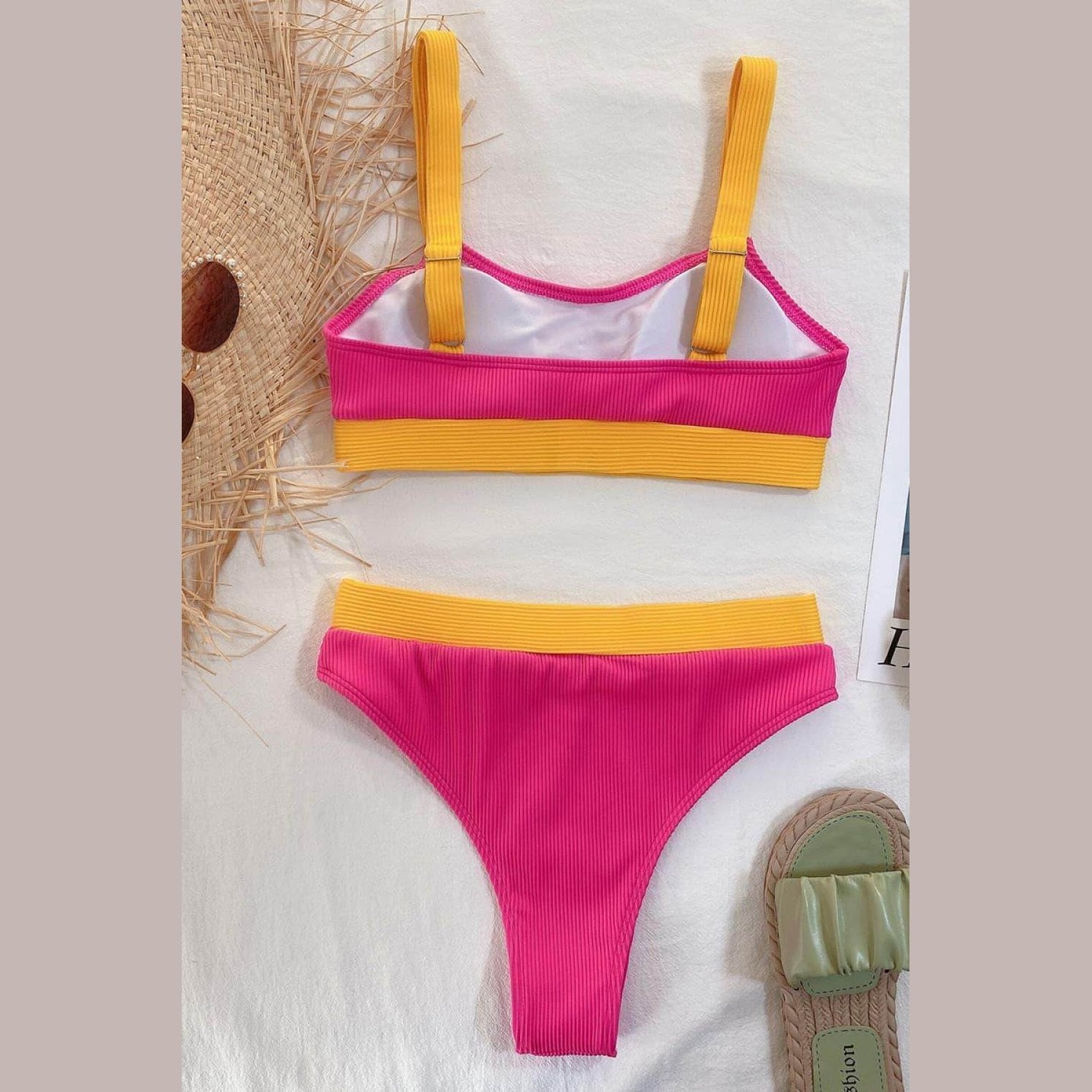 Trendsi scoop neck swimwear in vibrant pink and yellow two-piece set for stylish beach days