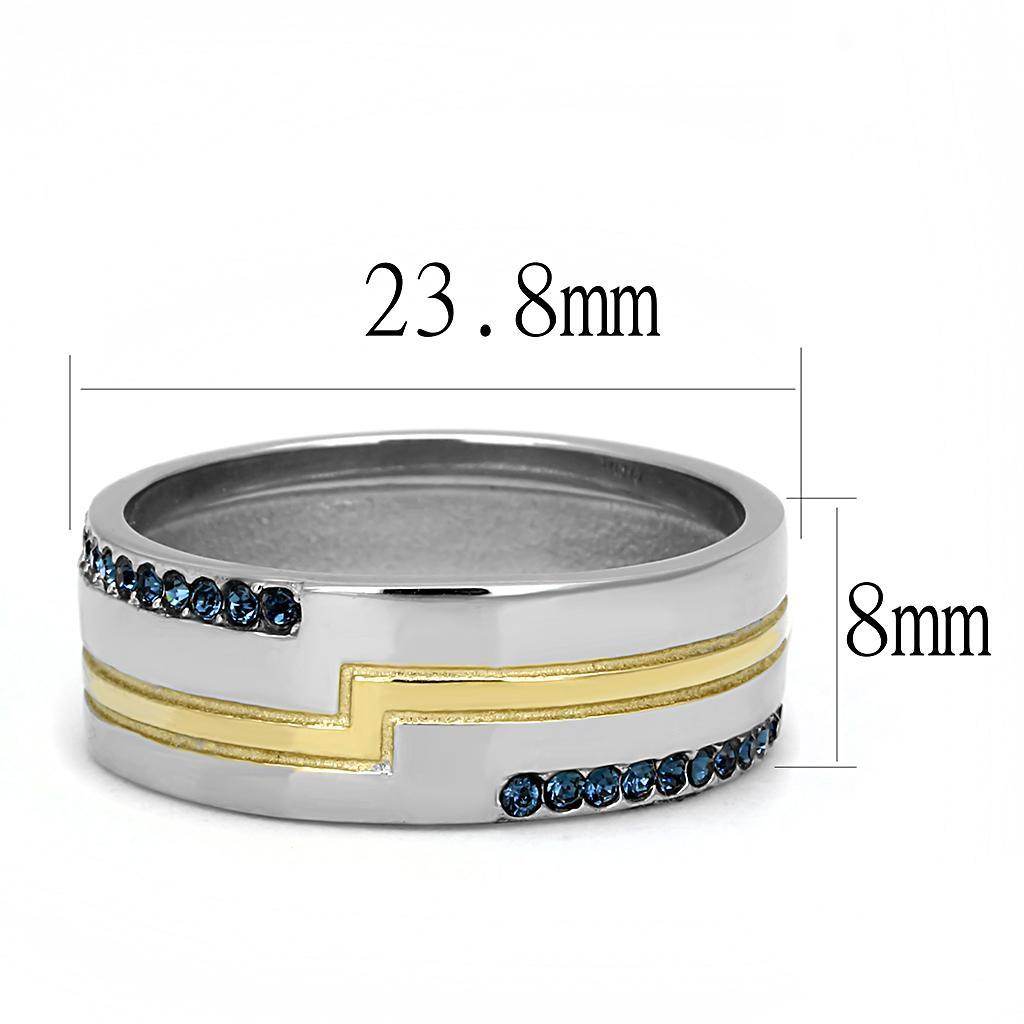 Men's synthetic crystal fashion rings with a sleek design featuring gold accents and blue crystals