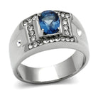 Men's ring featuring a blue synthetic glass jewelry stone and sparkling accents for a modern look