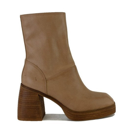 Let's See Style tan chunky heel boots with a sleek design and sturdy wooden heel for stylish comfort