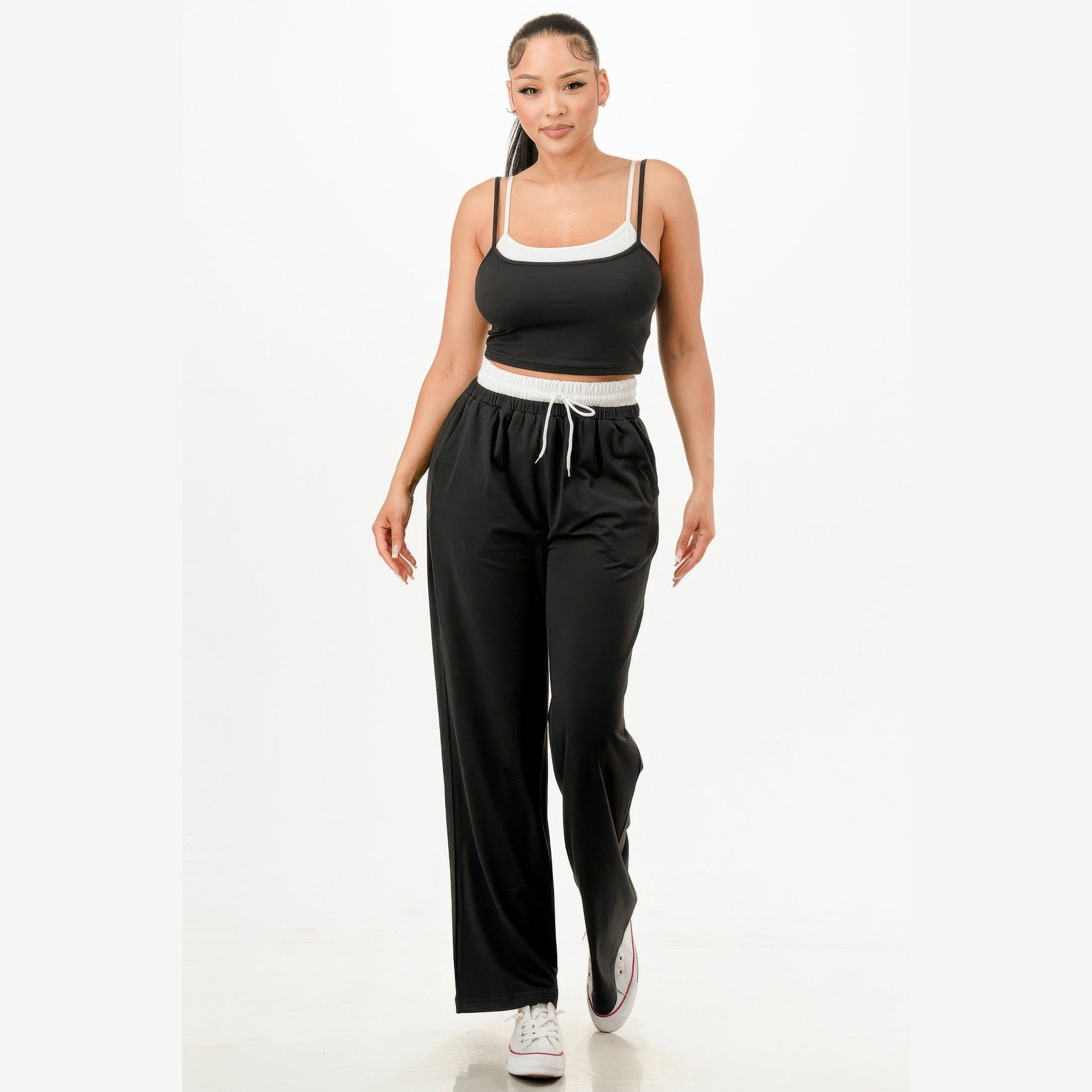 VacationGrabs black and white tank top and sweatpant set for women with relaxed fit and casual style