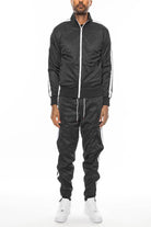 Men's 2PC Track Sets by WEIV featuring a tape front pleat tracksuit in black with sporty stripes