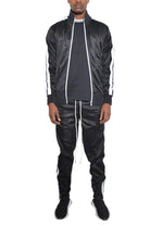 Men's 2PC Track Set by WEIV featuring tape front pleat tracksuit in black with stylish white stripes