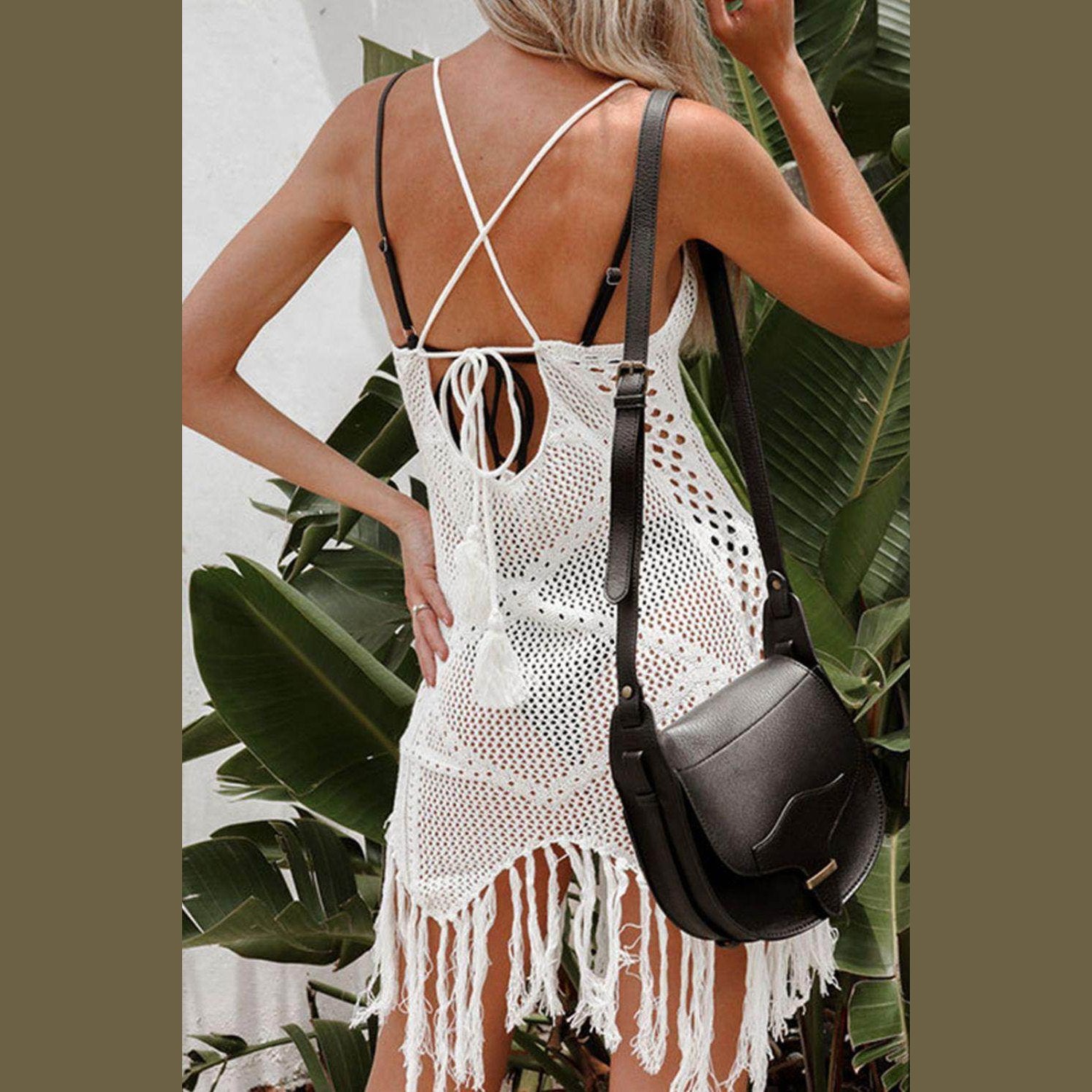 Tassel Openwork Spaghetti Strap Cover Up Dress - VacationGrabs