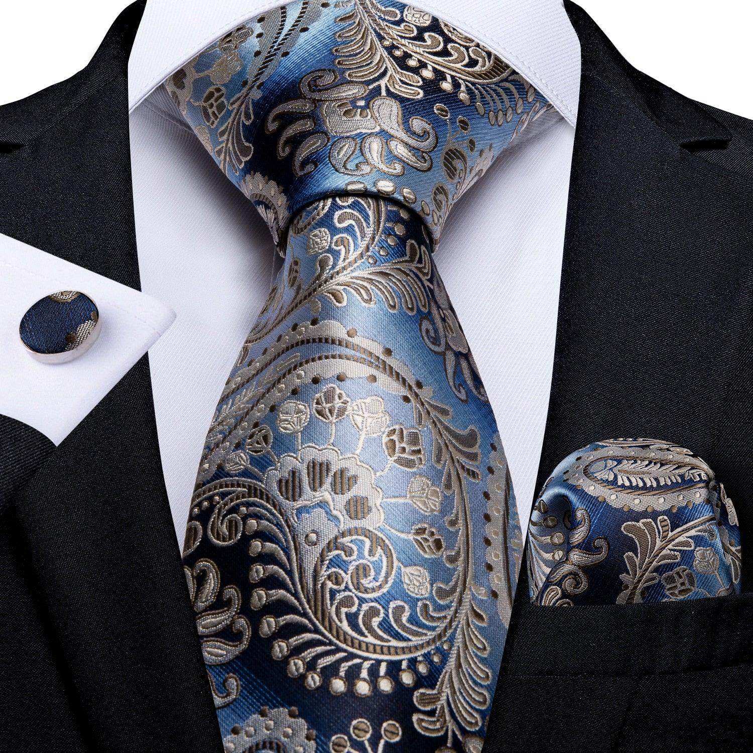 Teal blue paisley necktie with matching pocket square and cufflinks for stylish men's accessories