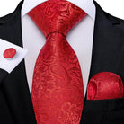 Stylish red tie with matching pocket square and cufflink for formal occasions