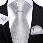 Elegant men's accessories featuring a silver tie with paisley pattern and matching pocket square