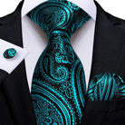 Teal blue paisley necktie with matching pocket square, perfect for formal events or adding style to any outfit