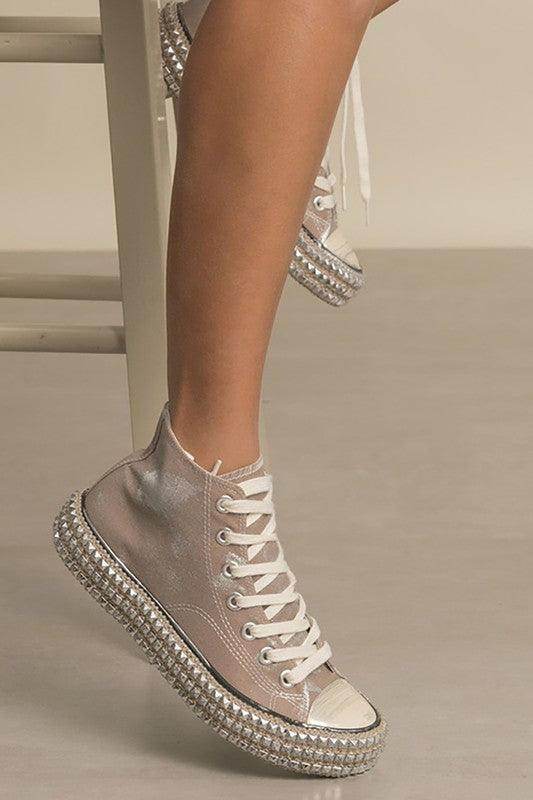 women's clear high-top sneakers with rhinestone details, stylish footwear