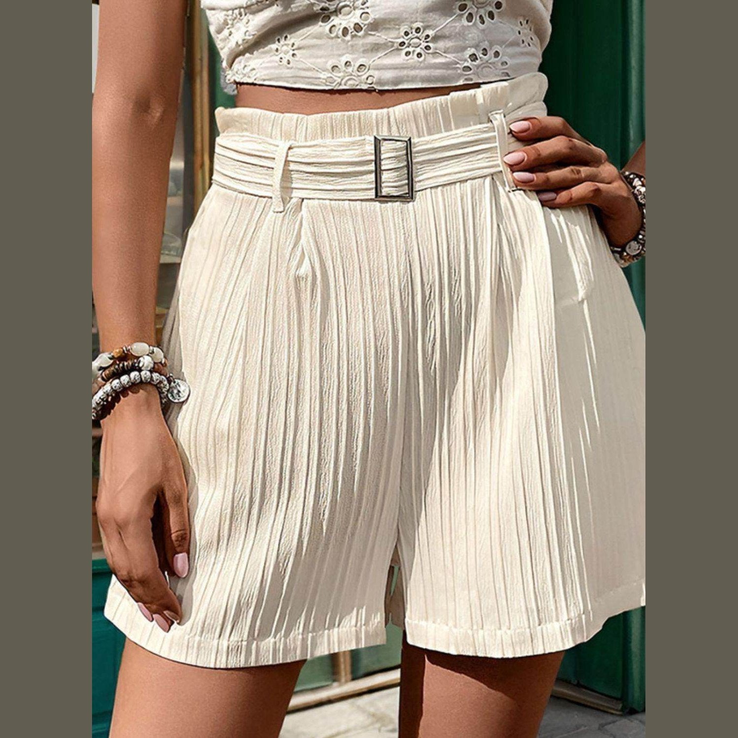 Textured High Waist Shorts with Pockets - VacationGrabs