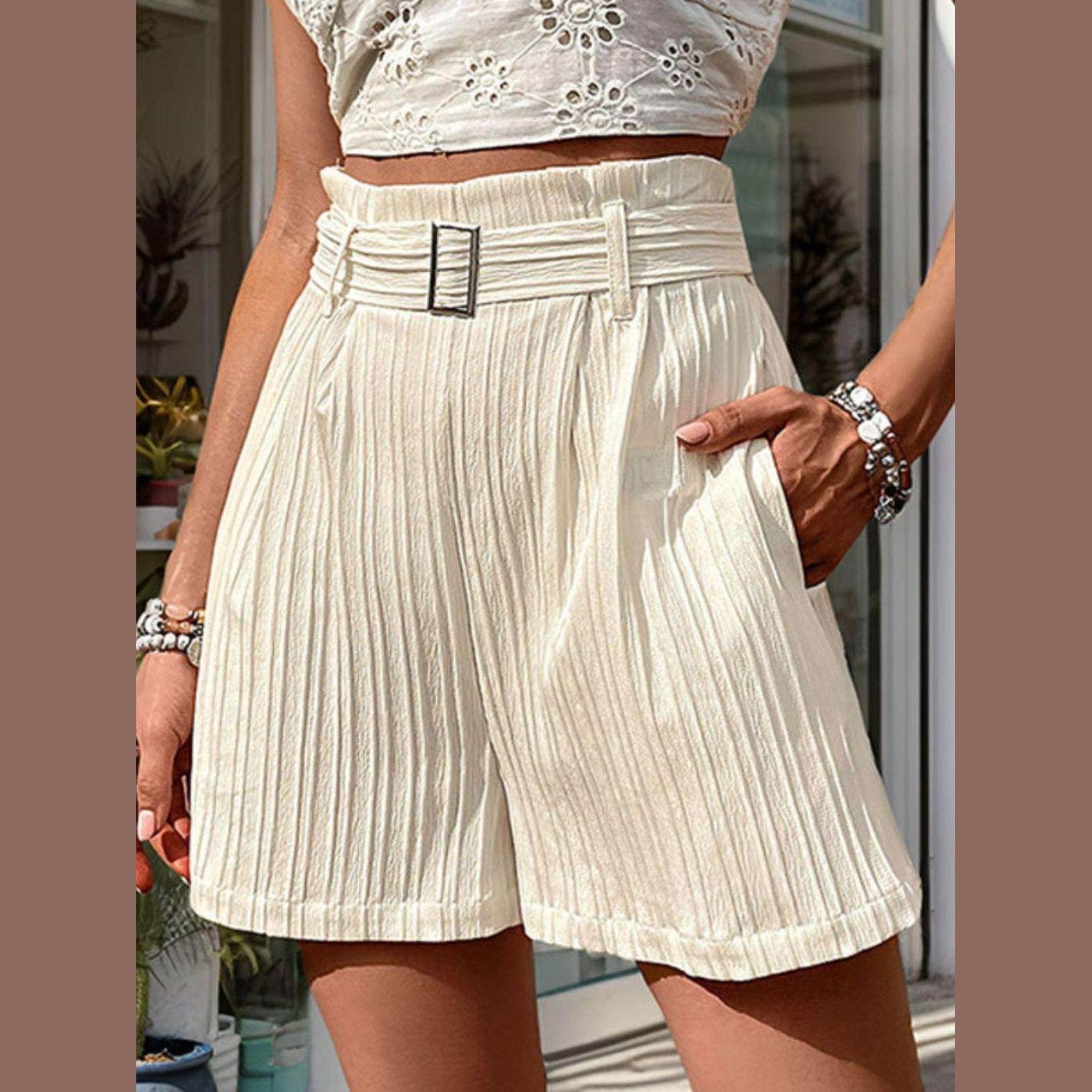 Textured High Waist Shorts with Pockets - VacationGrabs