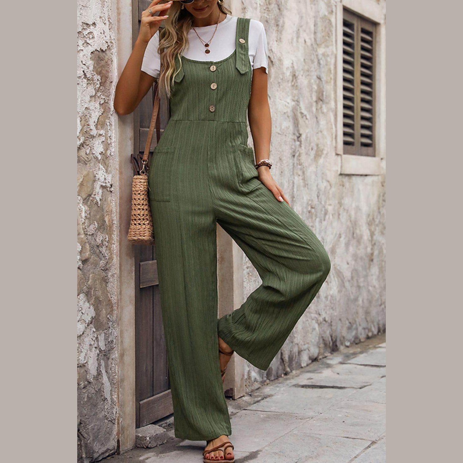 Textured Pocketed Wide Strap Overalls - VacationGrabs