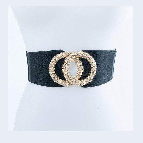 Bella Chic textured statement belt in black with braided gold rings for a stylish accessory