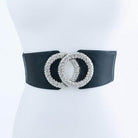 Bella Chic textured statement belt featuring two intertwined silver rings and a sleek black design