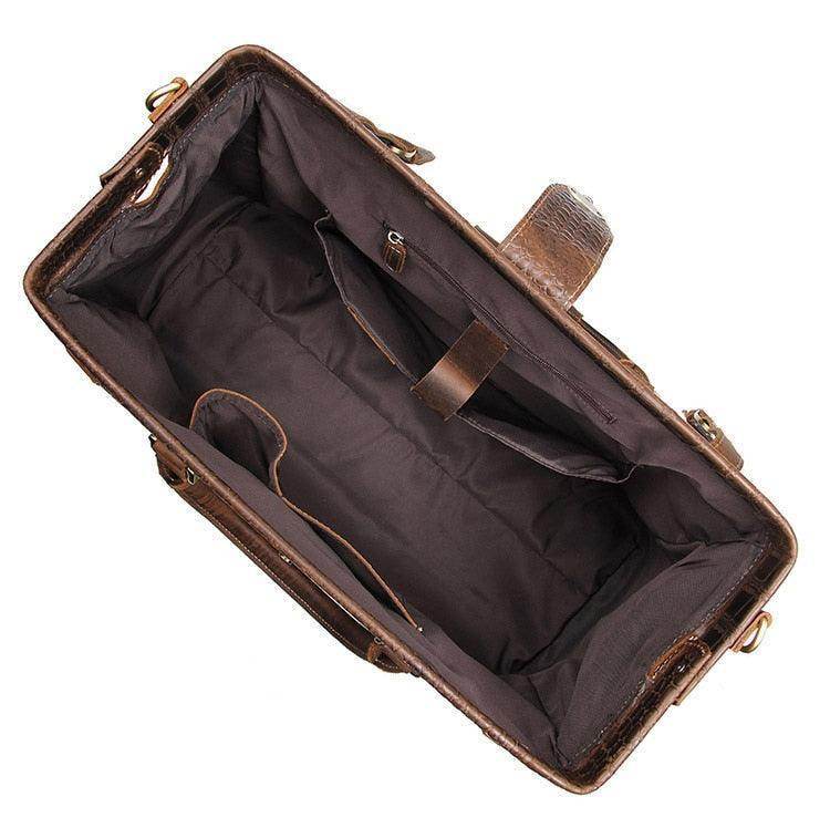 Interior view of textured travel weekender bag showing spacious compartments and pockets for organization