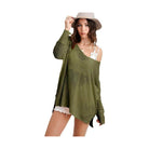 La Miel thin Taylor sweater in olive green, featuring a relaxed fit and stylish off-shoulder design