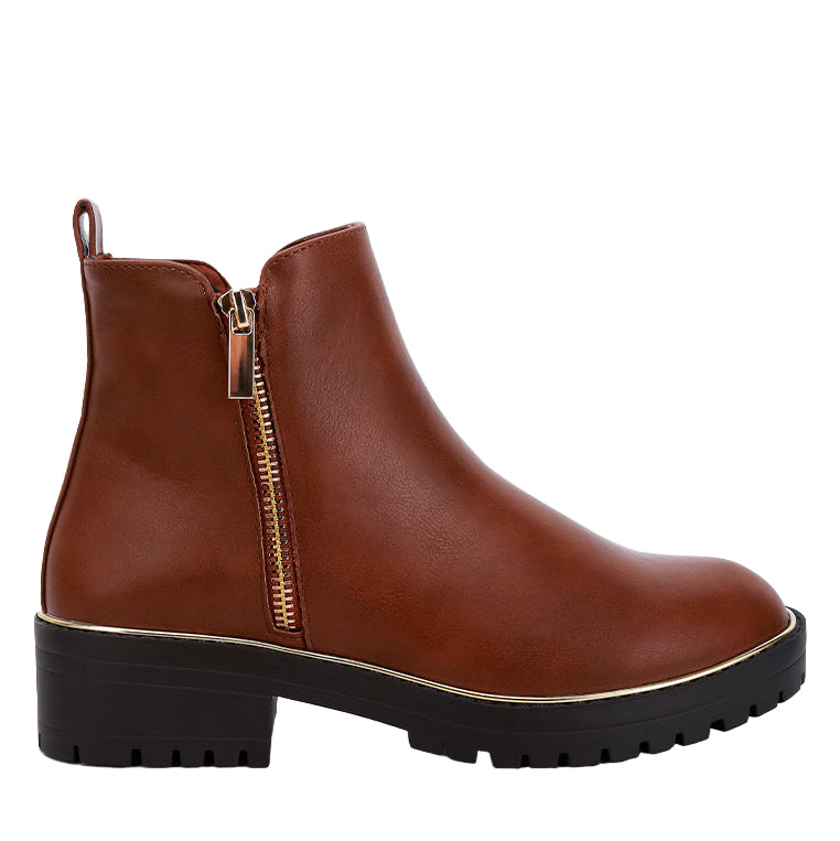 Brown ankle boot with a zipper on a white background