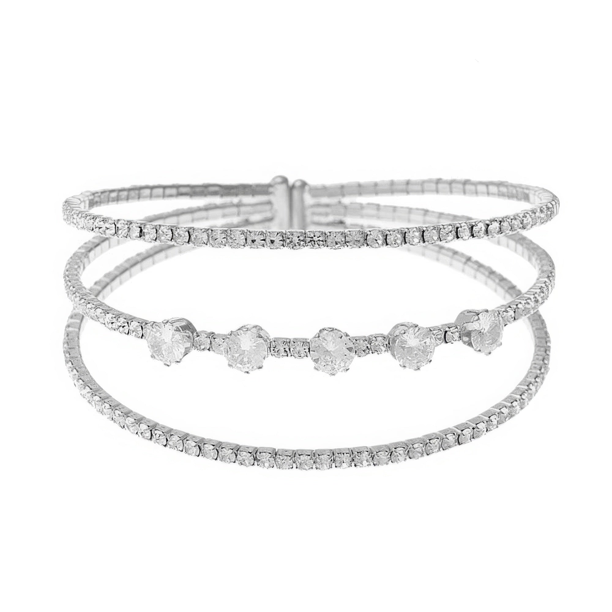 Three row round cuff bracelet for women featuring sparkling stones and a sleek silver design