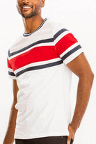 Stylish WEIV three stripe shirt in white with red and navy accents for men