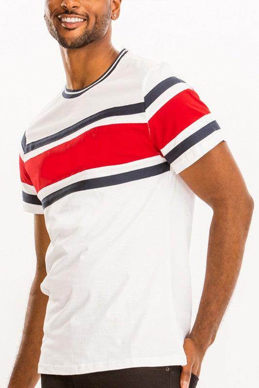 Stylish WEIV three stripe shirt in white with red and navy accents for men