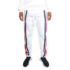 WEIV white three stripe sweatpants for men with red and navy blue side stripes