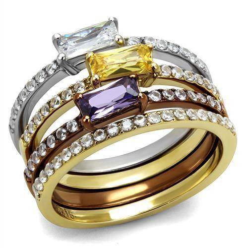 Three tone crystal fashion ring for women featuring yellow, purple, and clear stones in a stackable design