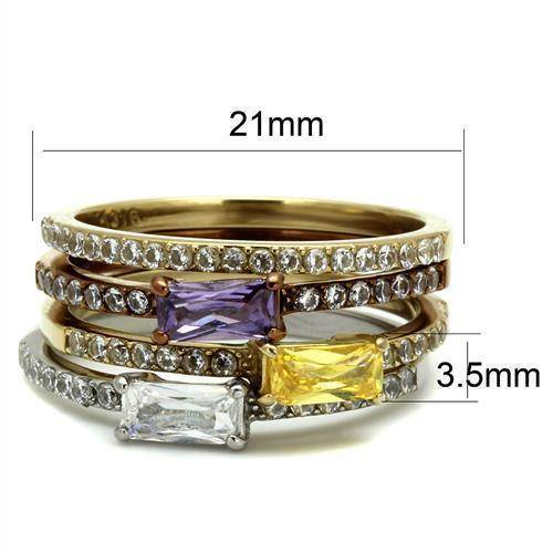 Three tone crystal fashion ring for women featuring purple, yellow, and clear crystals with a shimmering design