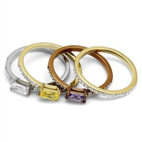 Three tone crystal fashion ring for women featuring yellow, purple, and clear stones in a stylish design