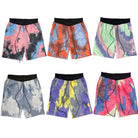 WEIV tie dye lounge shorts for men in six vibrant color patterns with black drawstring waistbands