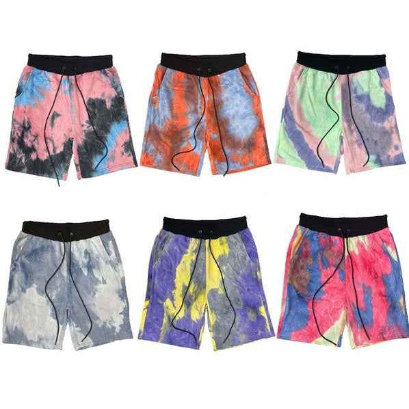 WEIV tie dye lounge shorts for men in six vibrant color patterns with black drawstring waistbands