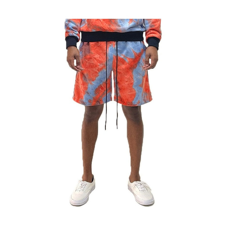 WEIV tie dye lounge shorts for men in red and blue with drawstring waist