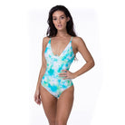 Beach Joy Bikini tie dye one piece swimsuit in blue and green worn by model with thin straps