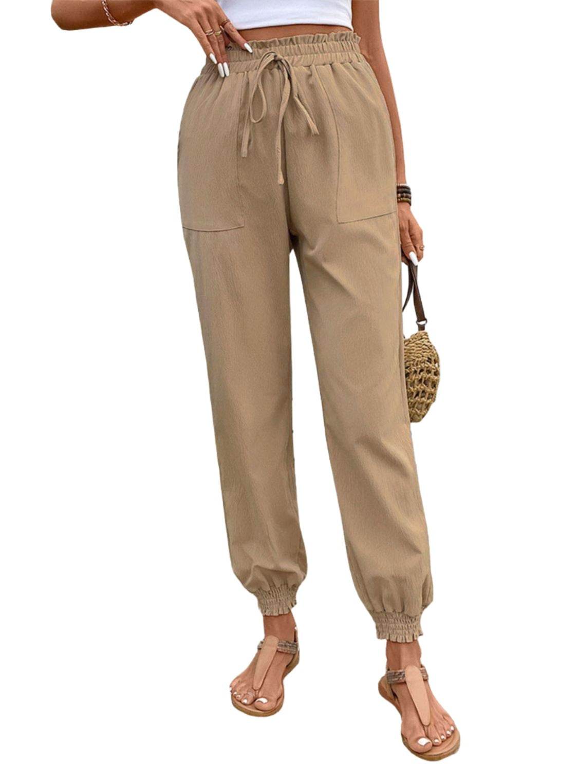 Tied Elastic Waist Pants with Pockets - VacationGrabs