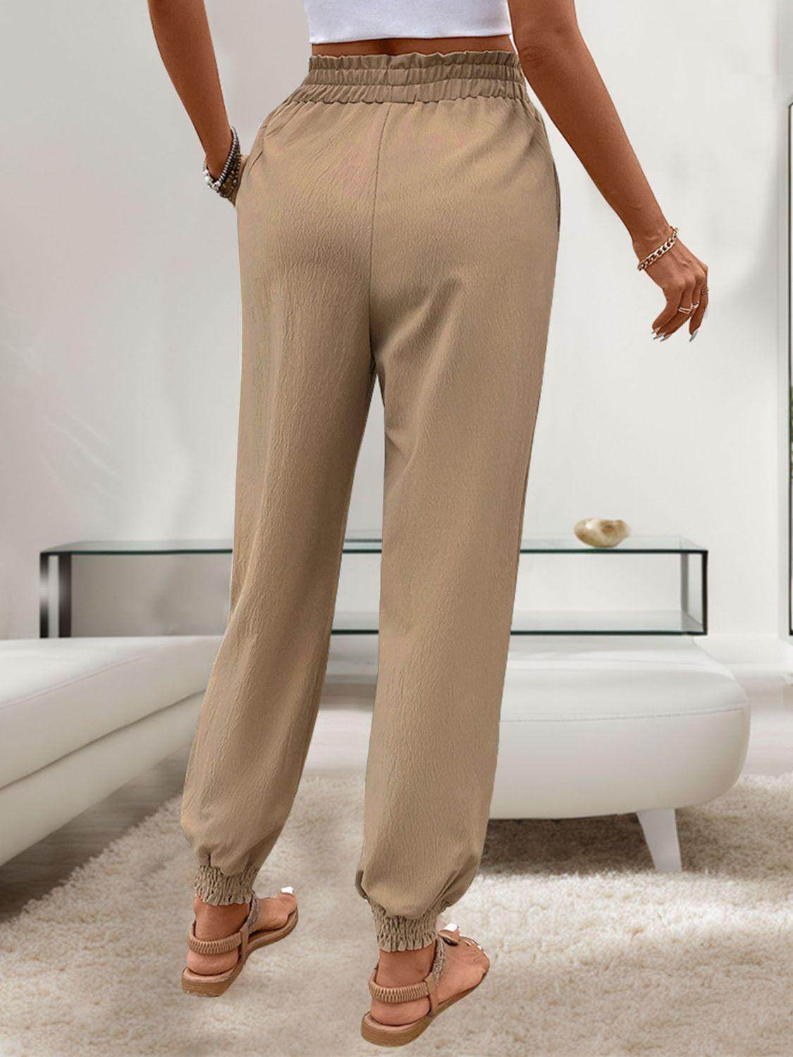 Tied Elastic Waist Pants with Pockets - VacationGrabs