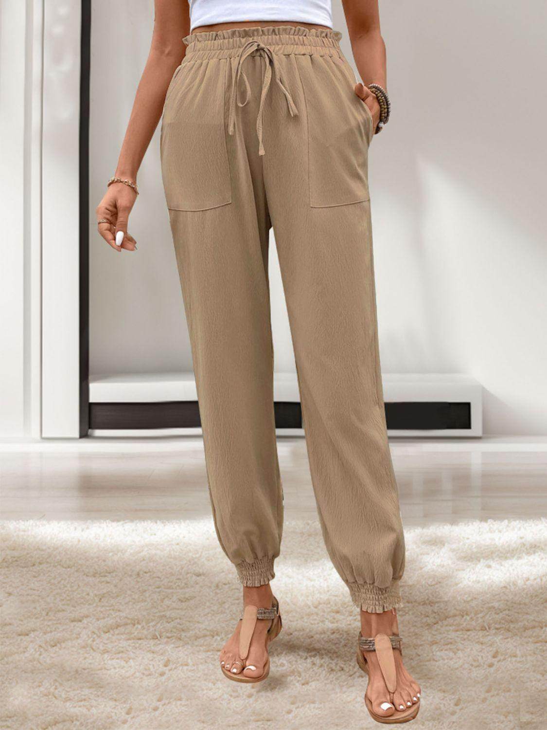 Tied Elastic Waist Pants with Pockets - VacationGrabs