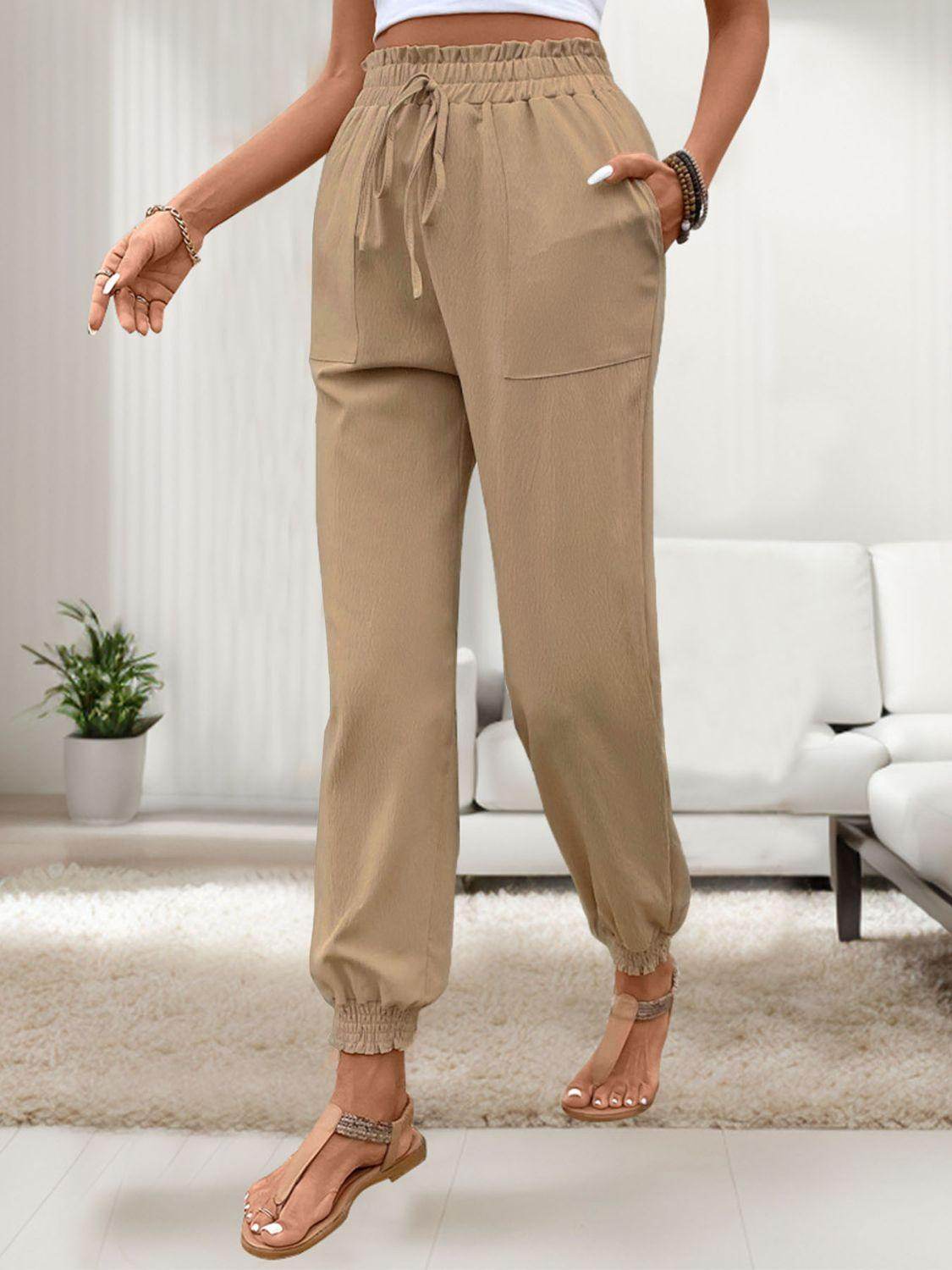 Tied Elastic Waist Pants with Pockets - VacationGrabs