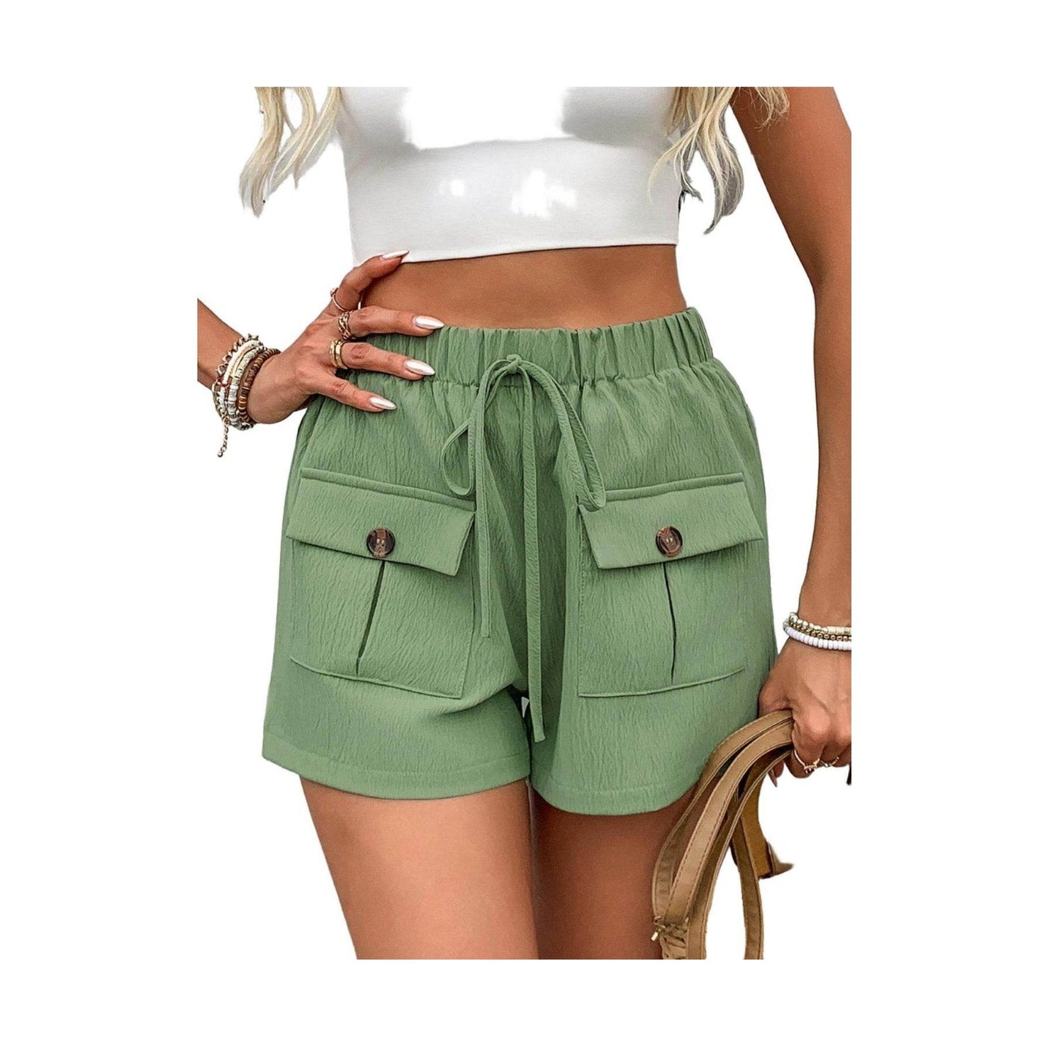 Tied Elastic Waist Shorts with Pockets - VacationGrabs